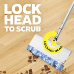 Close-up action graphic of a Swiffer mop head with locking head icon scrubbing dirt from a wood floor