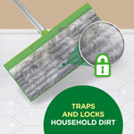 Close-up illustration of a Swiffer mop head with textured wet cloth and magnified view of fibers plus a lock icon.