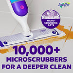 Close-up action view of a Swiffer Power Mop cleaning tile with a callout showing micro-scrubbing dots and bold text about microscrubbers