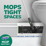 Swiffer mop head shown cleaning tight space beside a toilet with text mops tight spaces and brand badge