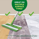 Graphic of a Swiffer mop head gliding across three floor types with check marks and text great on multiple surface types
