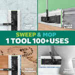 Four-panel lifestyle collage showing Swiffer mop picking up hair, cleaning walls and scrubbing floors with tight-space reach