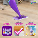 Purple Swiffer mop head on a finished hardwood floor with icons showing scent variety and solution effectiveness