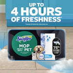 Package image of Swiffer Mop Heavy Duty Pet wet mopping cloths beneath text claiming up to 4 hours of freshness