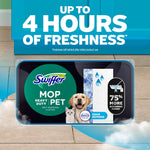 Promotional panel showing a Swiffer mop refill tub with pet imagery and text claiming up to 4 hours of freshness