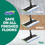 Graphic showing Swiffer mop head with blue scrubbing strip used on vinyl, wood and tile labeled safe on all finished floors