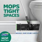 Swiffer mop head sliding into a tight space beside a toilet with text reading mops tight spaces and Swiffer Mop heavy duty badge