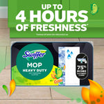 Package-focused graphic with text “Up to 4 hours of freshness” and Swiffer Mop heavy duty pack with Gain branding
