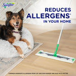 Home scene with a dog beside a Swiffer mop on a wood floor and text claiming reduced allergens in your home