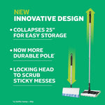 Green informational graphic showing new innovative design features and collapsible 25-inch pole with mop images