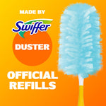 Swiffer branding with a large blue duster head and text 'official refills' on an orange background