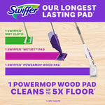 Promotional graphic comparing Swiffer pad lengths and claiming Powermop wood pad cleans up to five times more floor
