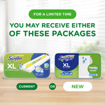 Promotional graphic showing two Swiffer XL package designs and text noting you may receive either package