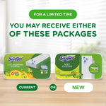 Graphic comparing two Swiffer wet cloth package designs with text indicating customers may receive either package.
