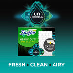 Promotional graphic showing Swiffer packaging with Unstopables emblem and text 'Fresh • Clean • Airy' on teal background