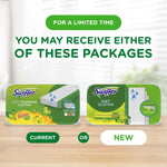 Promotional graphic showing current and new Swiffer wet cloth package designs with message you may receive either of these packages