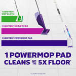 Informational graphic comparing Swiffer wet cloth, WetJet pad, and PowerMop pad with text claiming one PowerMop pad cleans up to 5X floor.