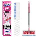 Pink Swiffer Mop & Go Deluxe kit components on white background showing mop handle, mop head and refill cloths
