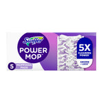 Swiffer Power Mop box of five mopping pads with purple branding and a close-up pad image on white background