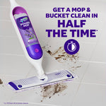 Swiffer Power Mop in action on tile floor with lavender refill visible and text claim about cleaning time