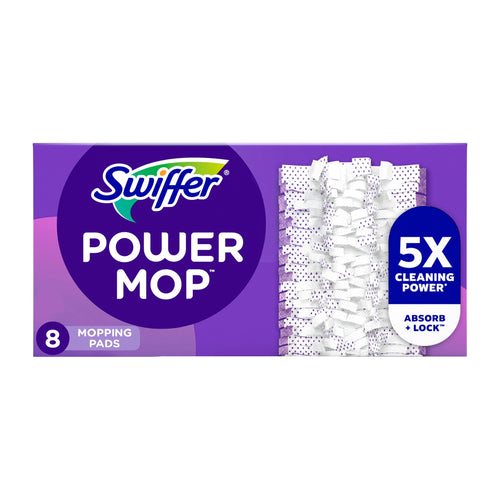 Front-facing Swiffer Power Mop refill box with purple branding and visible mop pad detail and '5X' callout