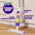 Swiffer Power Mop leaning against cabinetry with callouts for durable pole, pH neutral solution, and microscrubbers