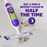 Close view of Swiffer Power Mop head cleaning tile with text claim about cleaning time and Gain-scent refill on the handle