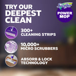 Promotional graphic on purple background highlighting Swiffer Power Mop features with text about cleaning strips and micro scrubbers