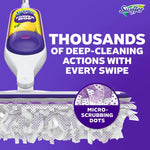 Close perspective of Swiffer Power Mop head and pad with text about thousands of deep-cleaning actions on purple background