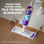 Swiffer Power Mop device cleaning a muddy floor, showing mop head and bottle inserted in handle
