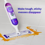 Swiffer Power Mop device with mounted refill bottle mopping tile floor and text promoting tough sticky mess removal.