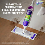 Swiffer Power Mop device mopping a floor with visible dirt and a Gain-scent refill shown on the handle