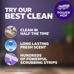 Purple promotional panel with Swiffer Power Mop logo and text highlighting fast cleaning, fresh scent, and powerful scrubbing strips with small product icons