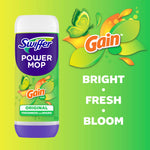 Stylized product panel showing Swiffer Power Mop Gain-scent bottle artwork and bright green Gain logo with freshness text