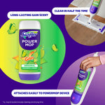 Graphic showing Swiffer Power Mop Gain-scent refill bottle with device in-use inset images and promotional callouts