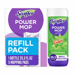 Swiffer Power Mop refill pack artwork showing a 25.3 fl oz Gain-scent refill bottle and branding