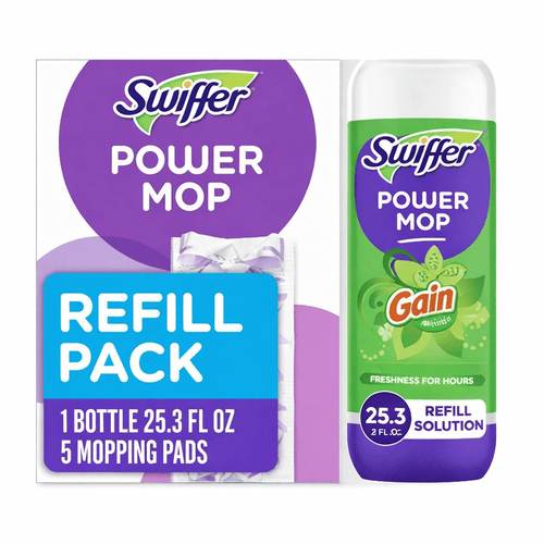 Swiffer Power Mop refill pack artwork showing a 25.3 fl oz Gain-scent refill bottle and branding