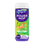 Tall bottle of Swiffer Power Mop refill solution with Gain branding and purple cap on white background