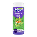 Swiffer Power Mop Gain-scent refill bottle on white background with green label and purple Swiffer logo