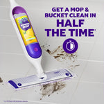 Swiffer Power Mop being used on tile with text claim about getting mop and bucket clean in half the time and a stopwatch icon