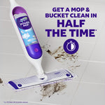 Swiffer Power Mop cleaning tiled floor with mud marks and large purple headline stating get a mop & bucket clean in half the time