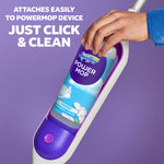 Hand inserting a Swiffer Power Mop refill bottle into the mop handle with instruction text about clicking to clean
