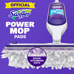 Illustration of Swiffer Power Mop head with textured pads and 'Official Swiffer Power Mop Pads' messaging on purple background
