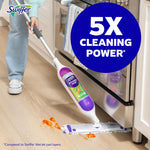 Person using Swiffer Power Mop with Gain-scent refill to clean a kitchen floor, large '5X CLEANING POWER' badge visible