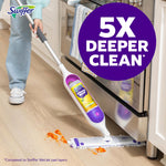 Swiffer Power Mop in use on a kitchen floor with a purple badge reading “5X DEEPER CLEAN”