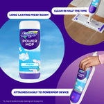Graphic showing a Swiffer Power Mop refill bottle and device with callouts about easy attachment and fresh scent