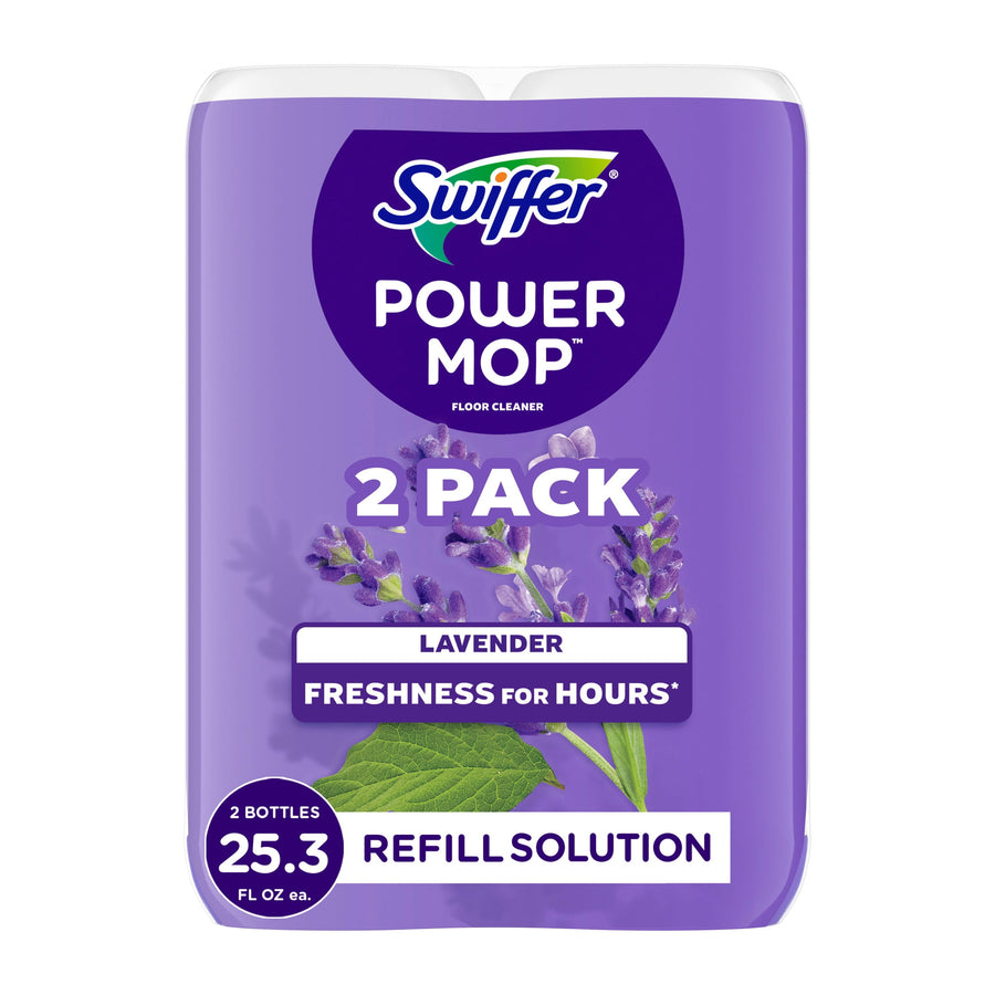 Front-packaging shot of Swiffer Power Mop lavender refill 2-pack with lavender graphics on purple background