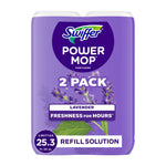 Swiffer Power Mop two-pack lavender refill solution packaging with purple label and lavender illustration