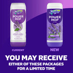Comparison graphic showing current and new Swiffer Power Mop lavender refill packaging with notice you may receive either