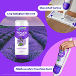 Swiffer Power Mop lavender refill bottle with lavender field background and inset photos showing mop head and attaching to device